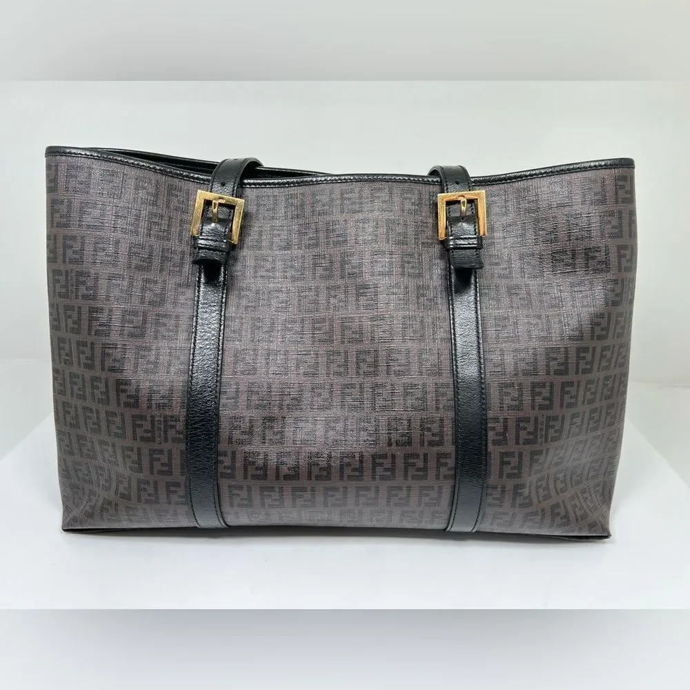 Auth FENDI Zucchino Tote Shoulder Bag Brown Black PVC Leather